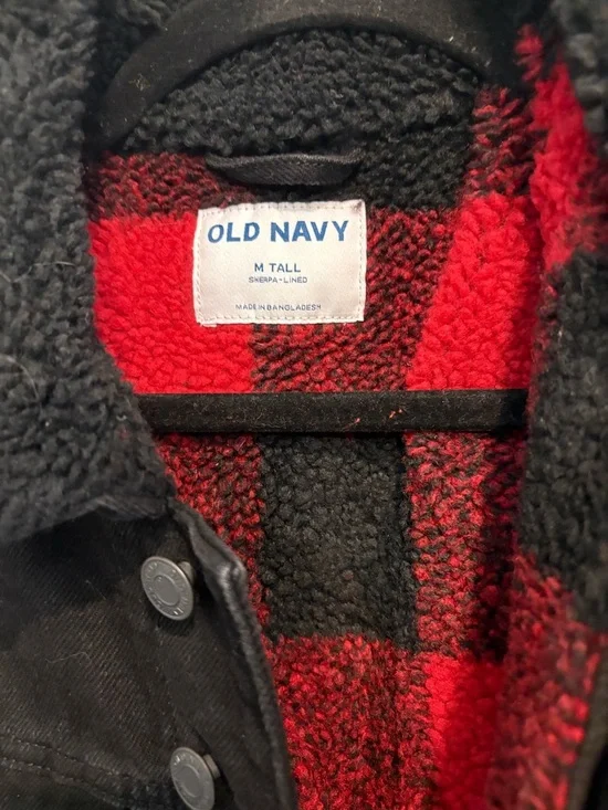 Old Navy Sherpa Lined Black Denim Jacket Mens M Tall Plaid Flannel Trucker Coat - Picture 5 of 12